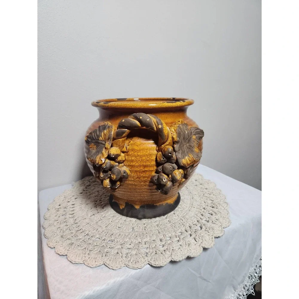 Vintage Ceramic Grape Cluster Centerpiece Pot and Matching Mug Set Amber Gold